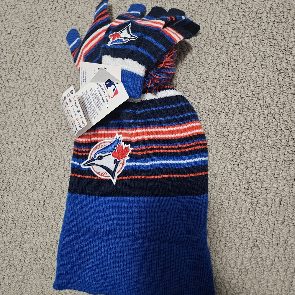 Blue Jay Striped Kids Hat and Gloves Set - Blue, Red, White
